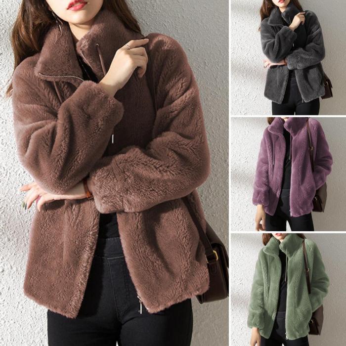 Plush Zipper Stand Collar Long Sleeve Solid Color Drawstring Winter Coats