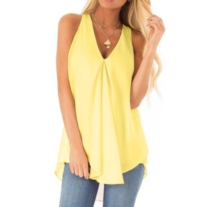 Fashion Loose Solid Color Casual Sexy V Neck Sleeveless Blouses & Shirts