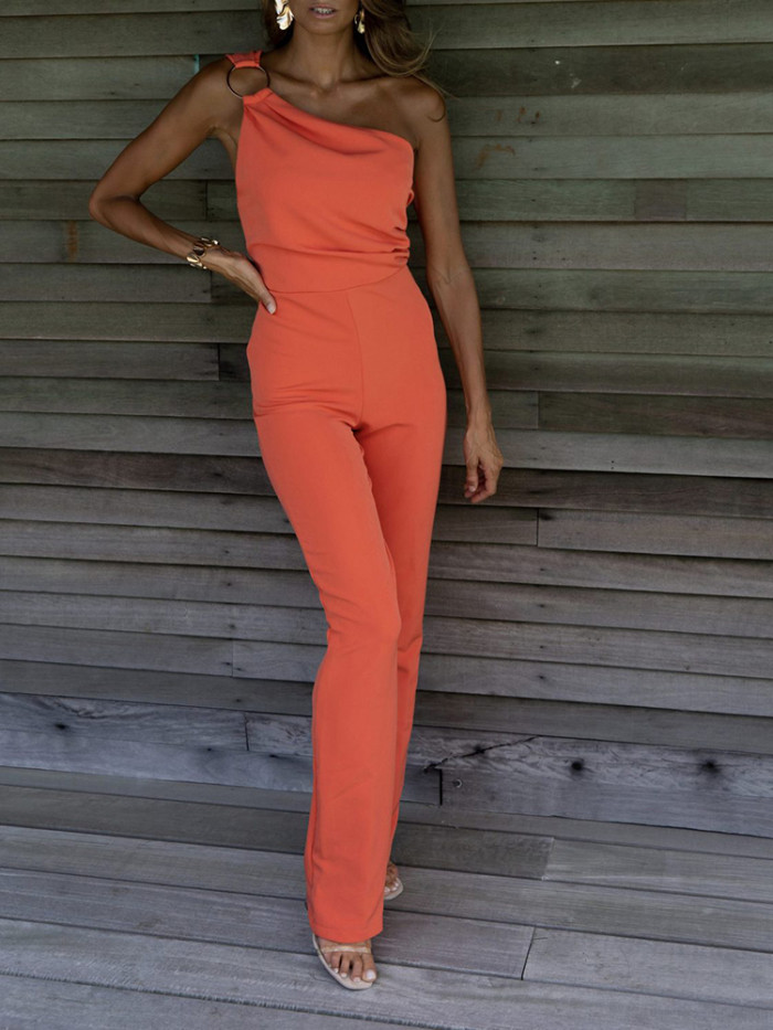 Fashion Solid Color Hollow Slim Elegant Diagonal Neck Jumpsuit