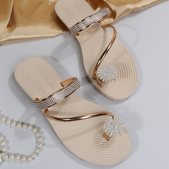 Gold Rhinestone Sparkle Fashion Beach Dress Flat Sandals