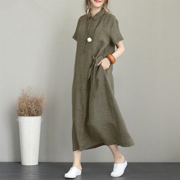 Fashion Loose Cotton Linen Vintage Lapel Solid Color Midi Dress