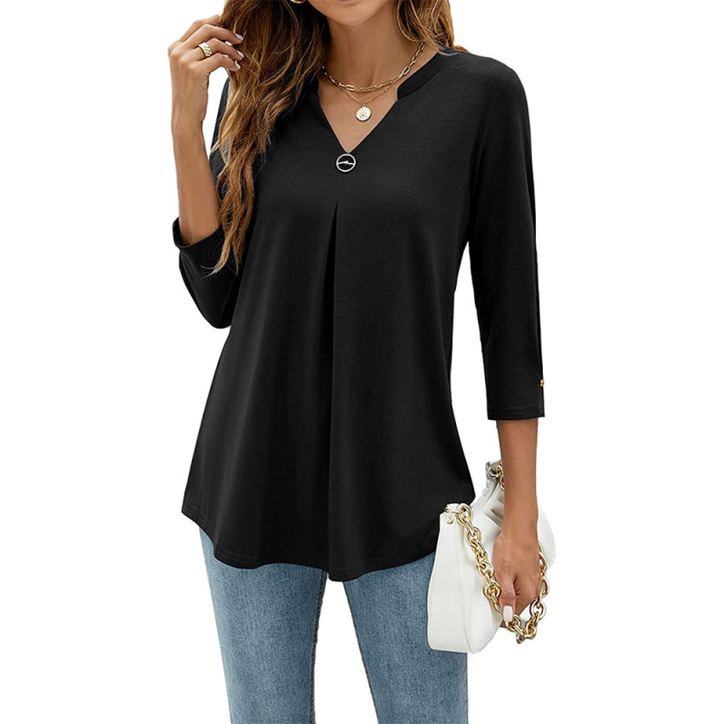 V Neck Studded Pleated Solid Color Loose Casual Fashion  Blouses & Shirts