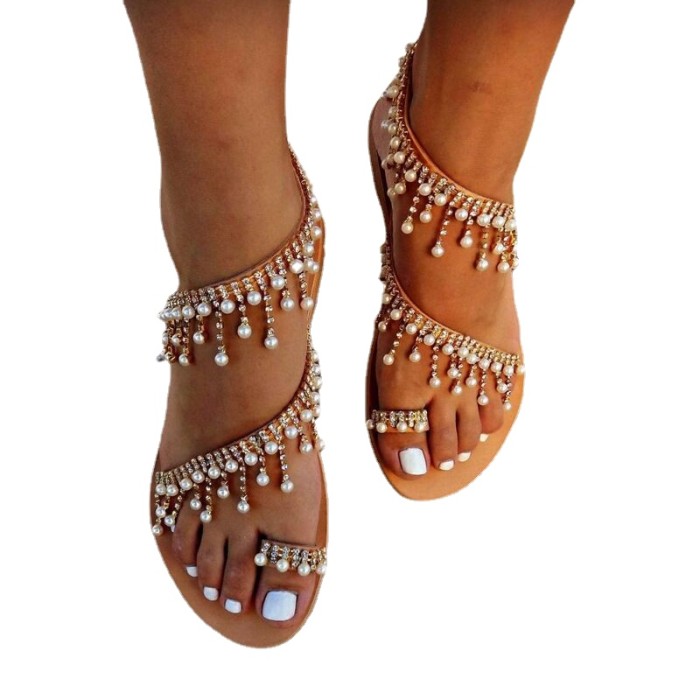 Women's White Luxury Pearl Lace Beach Roman Flat Sandals