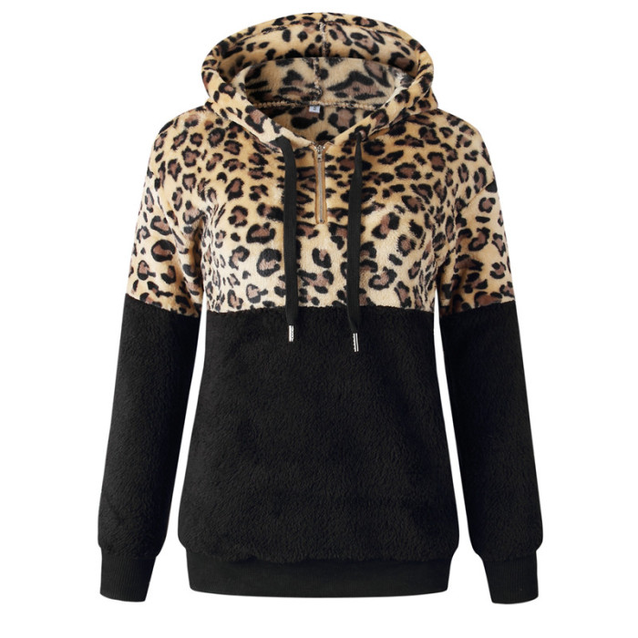 Relaxed Loose Plush Leopard Patch Sweatshirts