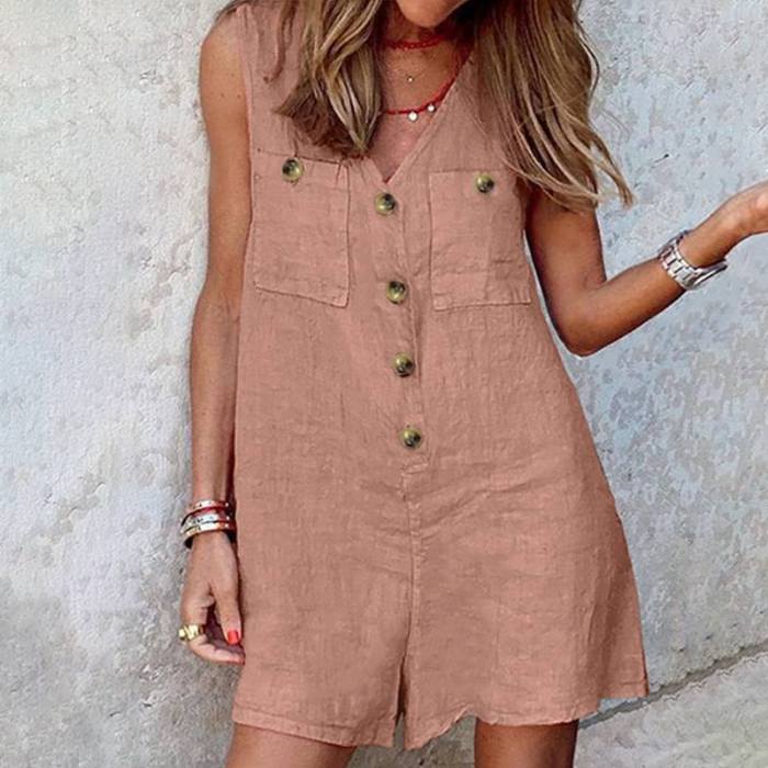 Fashion V Neck Sleeveless Casual Solid Color Loose Rompers