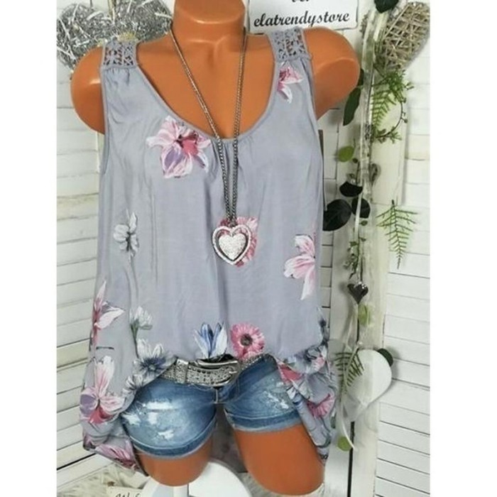 Fashion Hollow Lace Round Neck Floral Print Sleeveless Casual T-Shirts