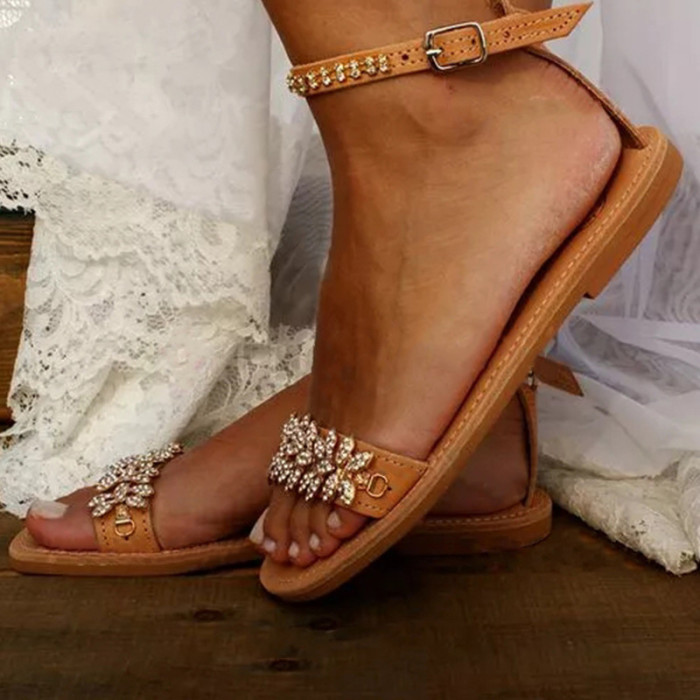 Fashion Flat Sandals Women Boho Style Casual Oversized Rhinestone Open Toe Shoes