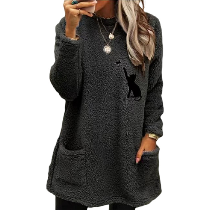 O-Neck Long Sleeve Pocket Women's Solid Color Loose Fleece  Sweatshirts Top