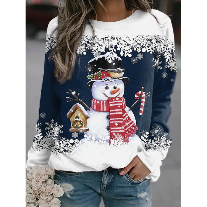 Christmas Snowman Fashion Print Long Sleeve Stitching Loose Casual Round Neck T-Shirt
