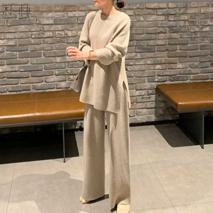 Fashion Knitted Sportswear Thick Warm Loose Wide Leg Pants Two-piece Outfits