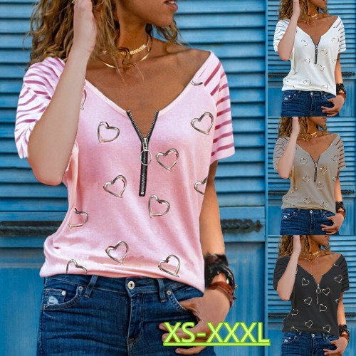 Fashion Loose Striped Short Sleeve Zipper V Neck Casual  T-Shirts Top