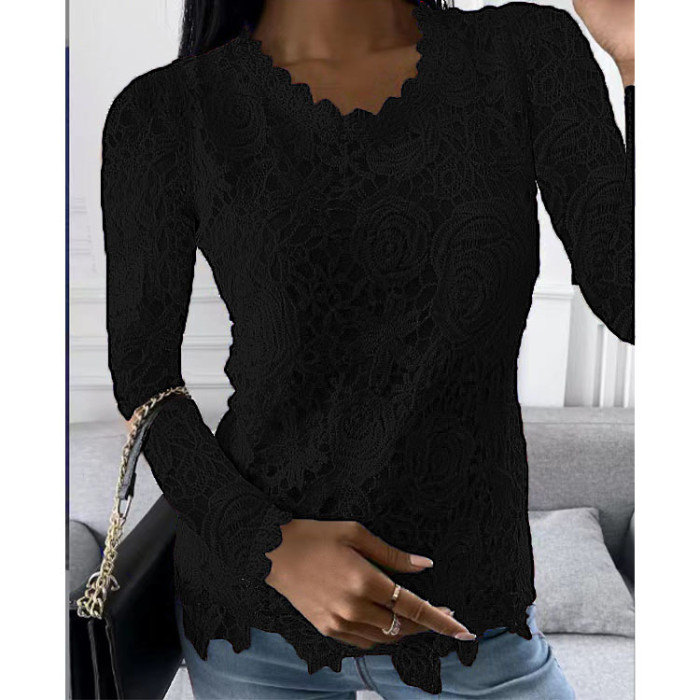 Fashion Casual Elegant Stitching Lace Long Sleeve Round Neck Solid Blouses