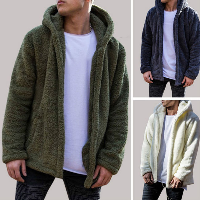 Winter Warm Men's Wool Hooded Long Sleeve Solid Color Loose Coats & Jackets