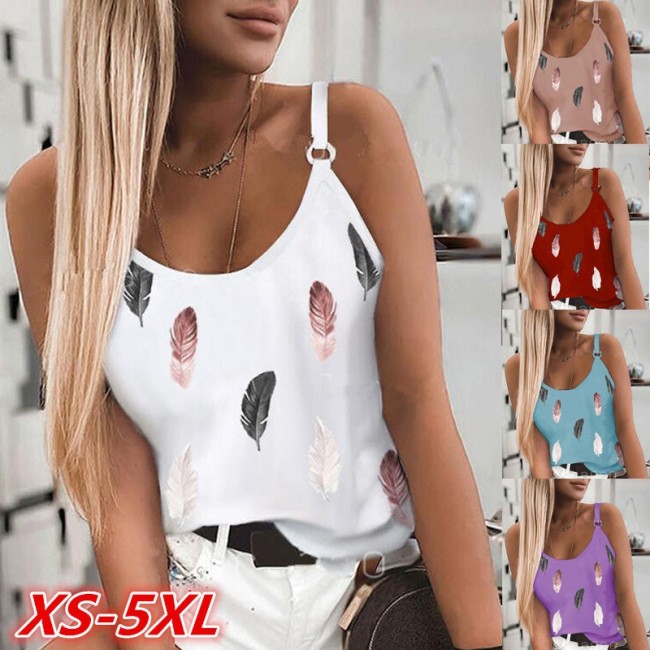 Fashionable T-shirt Casual Feather Print Sleeveless Camisole