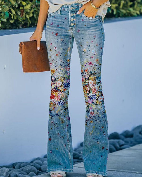 Sexy Women's Floral High Waist Stretch Casual Skinny Jeans