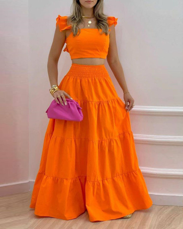 Fashion Solid Color Ruffle Pleated Backless Sexy  Maxi Dress