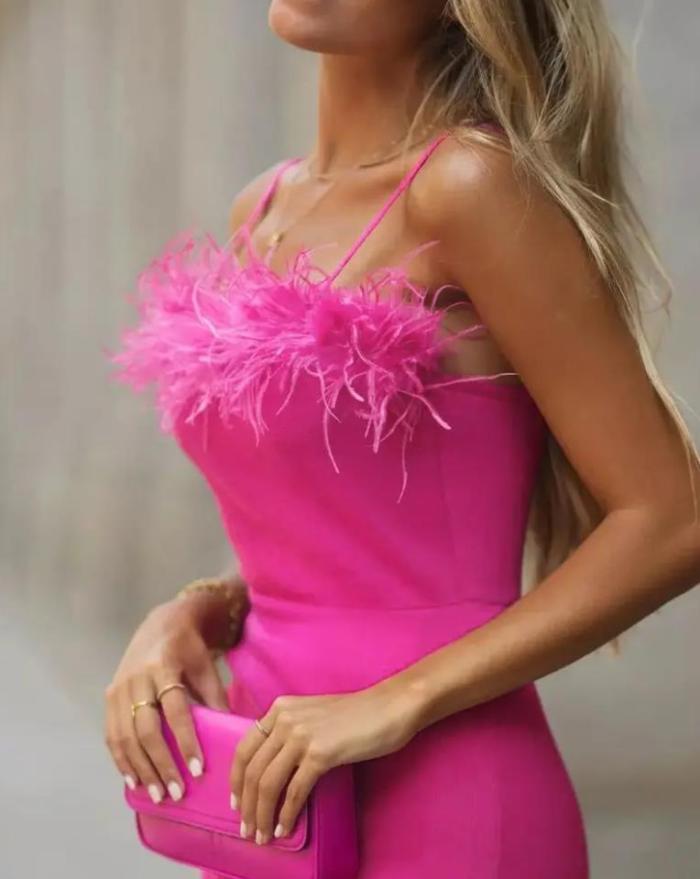 Sexy Fashion Rose Pink Feather Trim Slit Chic Bodycon Party Dress