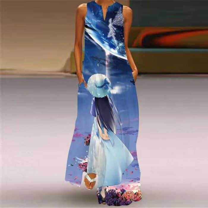 Fashion Sleeveless V Neck Printed Party Swing Maxi Dress