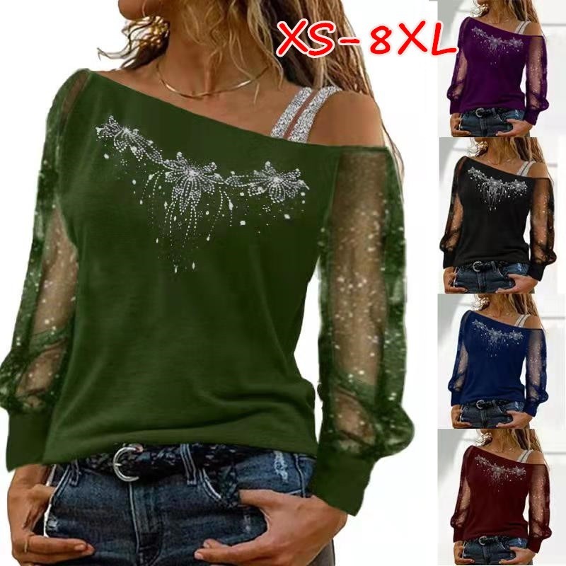 Fashion Casual Slanted Collar Long Sleeve Sexy Off Shoulder Loose Blouses & Shirts