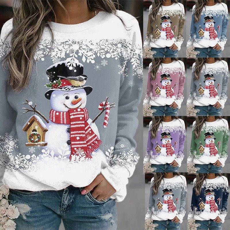 Christmas Snowman Fashion Print Long Sleeve Stitching Loose Casual Round Neck T-Shirt