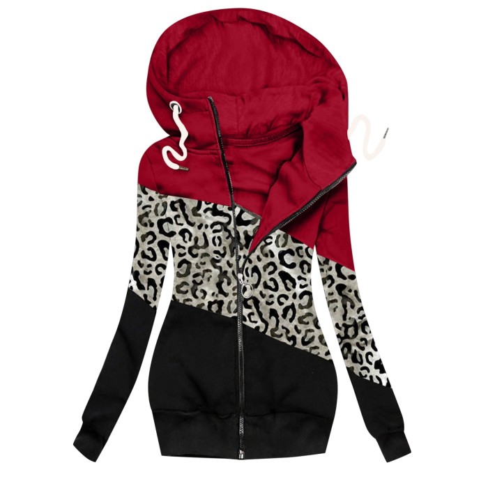 Women's Fashion Long Sleeve Leopard Print Casual Zipper Hoodies & Sweatshirts