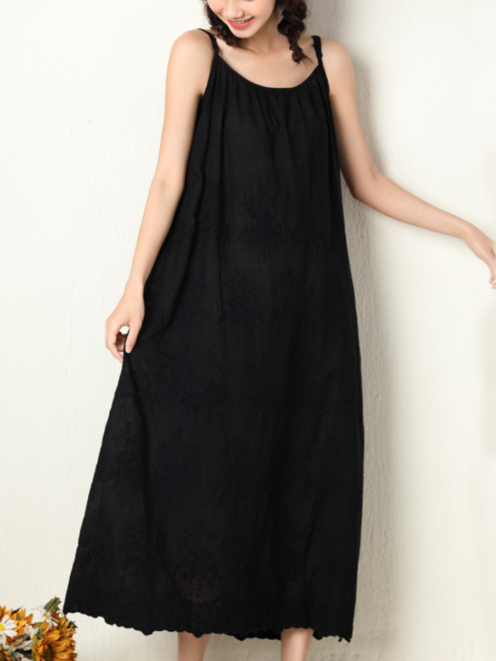 Fashion Fresh and Sweet Solid Color Embroidered Loose  Maxi Dress