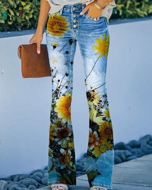 Sexy Women's Floral High Waist Stretch Casual Skinny Jeans