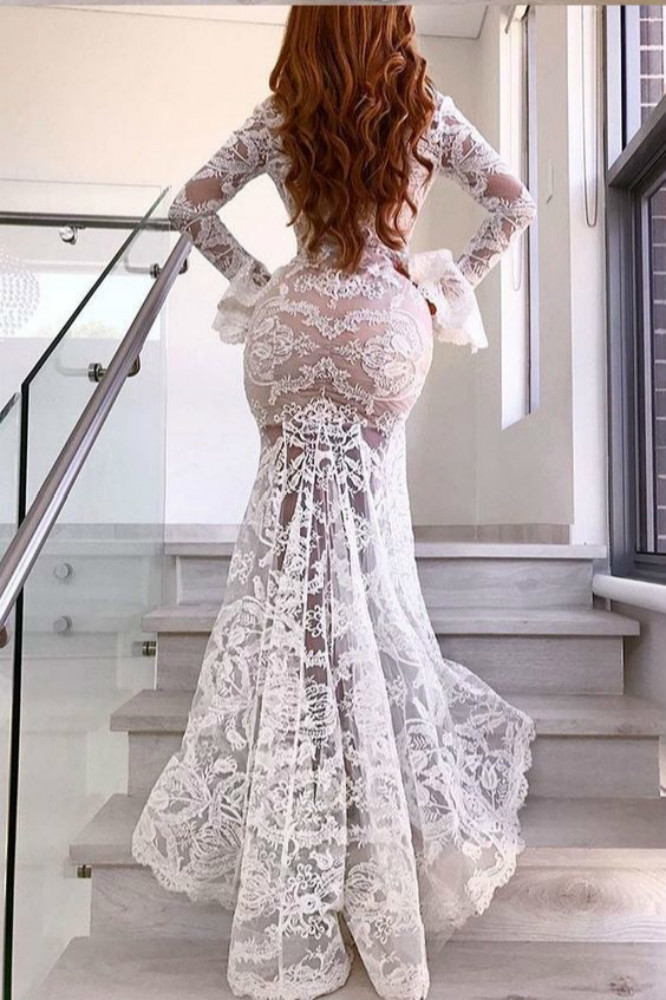 Sexy Lace Deep V Neck Bell Sleeve Retro Slim Party Wedding Evening Dress