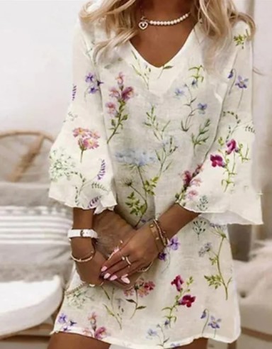 Fashion Stone Print Elegant V Neck Bell Sleeve A-Line Boho Mini Dress