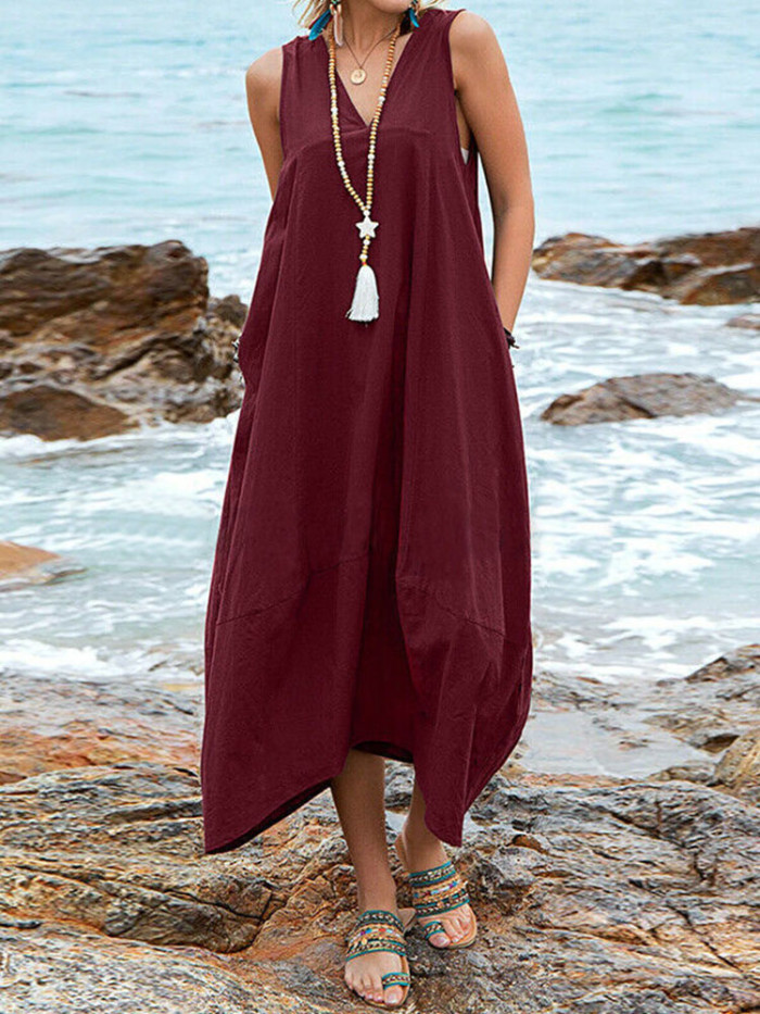 Fashion Casual Solid Color Sleeveless V Neck Loose Chic Tie  Maxi Dress