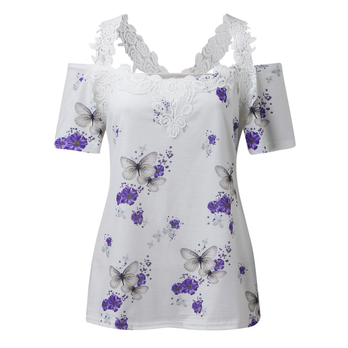 Fashion Floral Print Sexy Lace Elegant V Neck Casual Blouses & Shirts