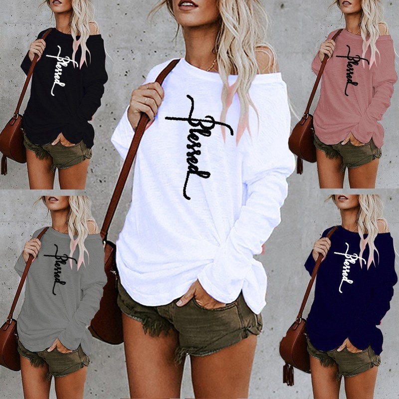 Fashion Letter Print Long Sleeve Round Neck Loose  Blouses