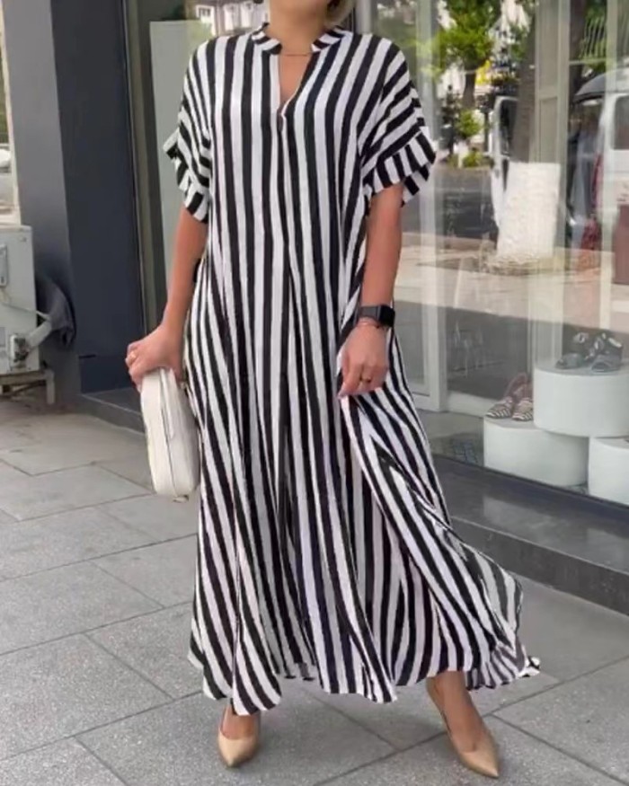 Side Slit Striped Cardigan Short-Sleeved Dress