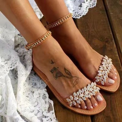 Fashion Flat Sandals Women Boho Style Casual Oversized Rhinestone Open Toe Shoes