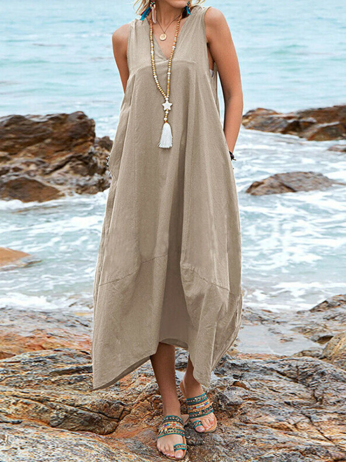 Fashion Casual Solid Color Sleeveless V Neck Loose Chic Tie  Maxi Dress