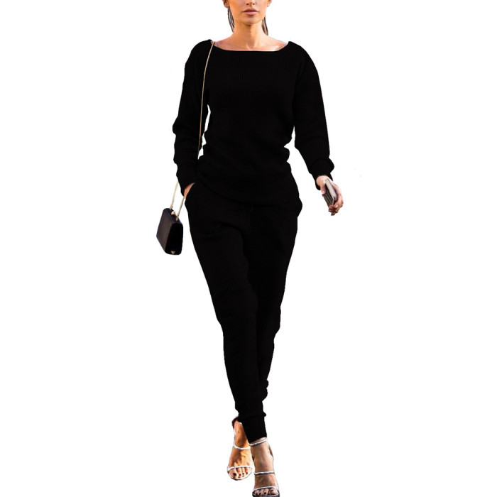 Fashion Solid Rib O-Neck Top Drawstring Sports Tracksuit Two-piece Outfits