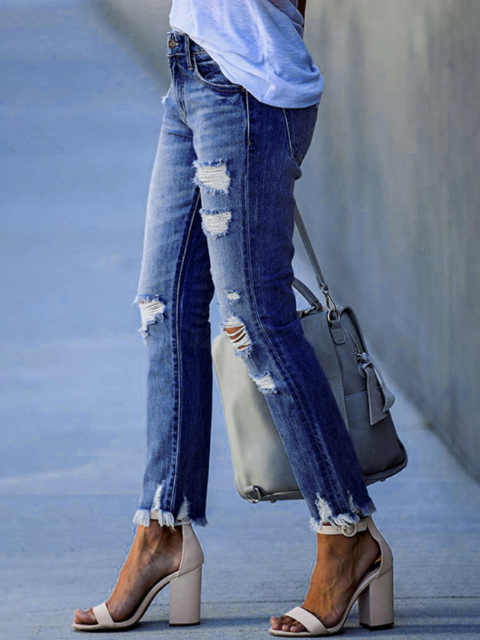 Fashion Washed Old Tassel Mid Rise Solid Color Slim Stretch Denim Jeans