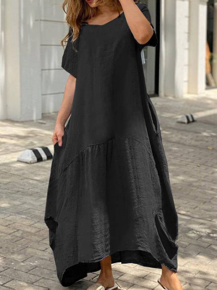 Fashion Cotton Linen Pocket Casual Solid Color O-Neck Loose Maxi Dress