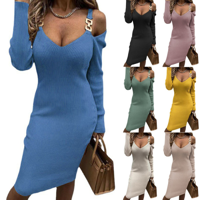 Fashion Casual Solid Color V Neck Strapless Sexy Elegant Long Sleeve Knitted Body Dress