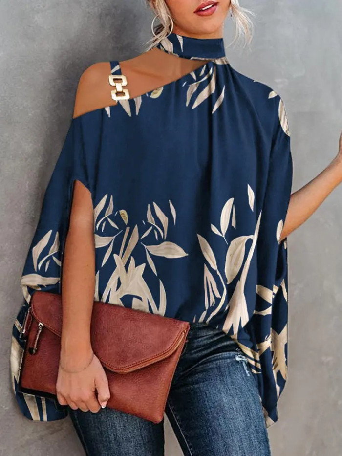 Elegant Loose Fashion Halter Neck Dolman Sleeve Lotus Print Blouses & Shirts