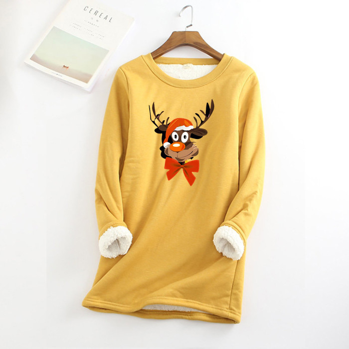 Women's Padded Fleece Top Christmas Print O Neck Sweatshirt