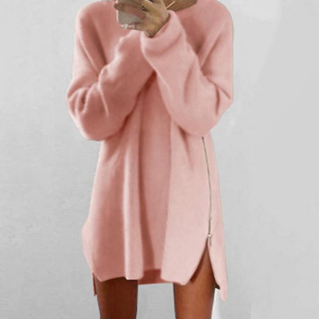 Fashion O Neck Long Sleeve Side Zipper Loose Loose Knit Sweater Dress