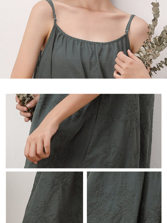 Fashion Fresh and Sweet Solid Color Embroidered Loose  Maxi Dress