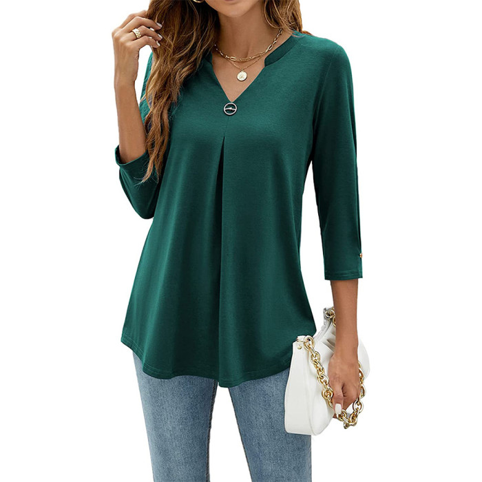 V Neck Studded Pleated Solid Color Loose Casual Fashion  Blouses & Shirts