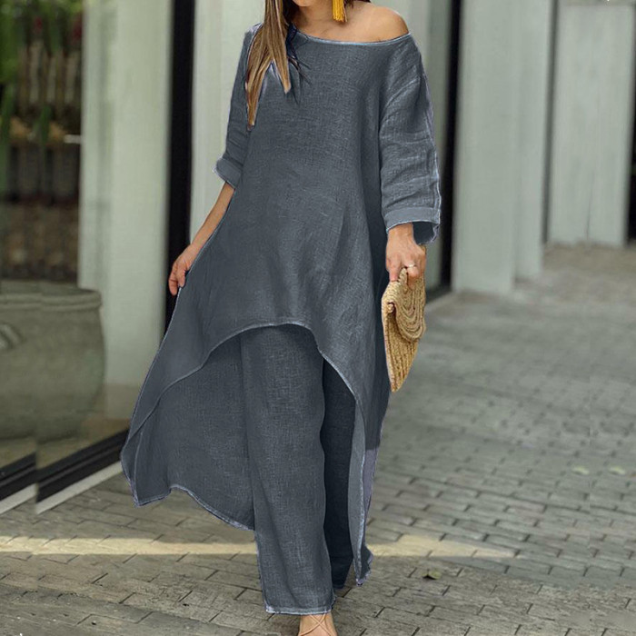 Solid Color Loose Casual Long Sleeve O-Neck Irregular Two-piece Outfits