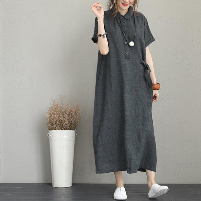 Fashion Loose Cotton Linen Vintage Lapel Solid Color Midi Dress