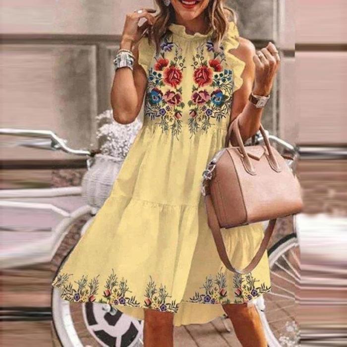 Trendy Bohemian Cotton Floral Print Loose Sleeveless Ruffle Party Mini Dress