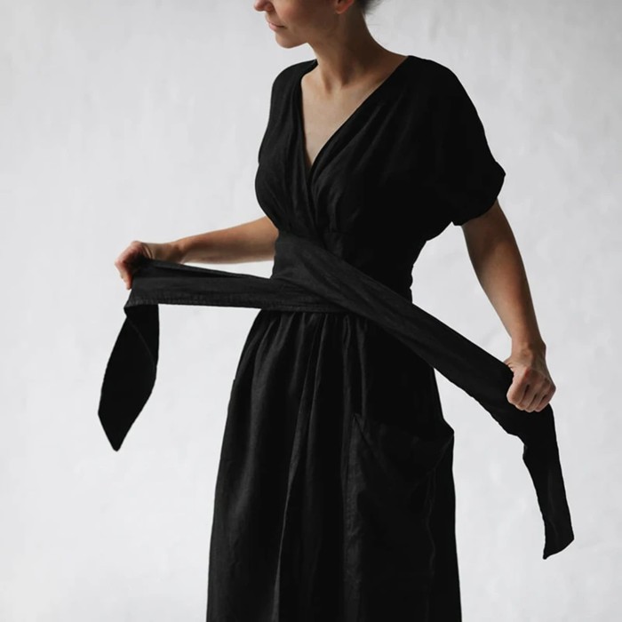 Cotton Linen Casual Short-Sleeved V-neck Pocket Strap  Midi Dress