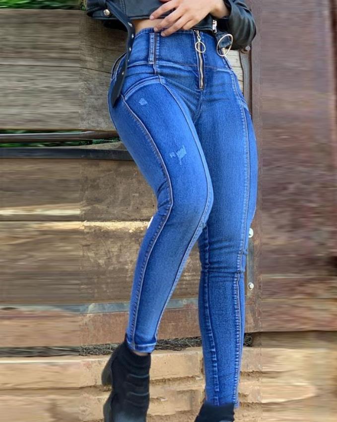 Women's Fashion O-ring Zipper Casual High Waist Skinny Jeans