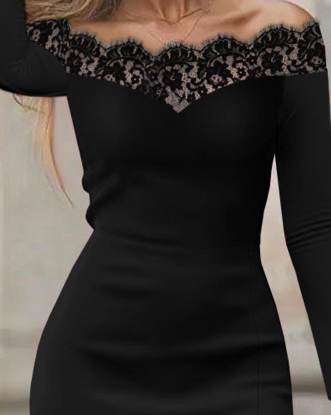 Solid Color Sexy Solid Color Contrast Lace Long Sleeve Midi Party Dress